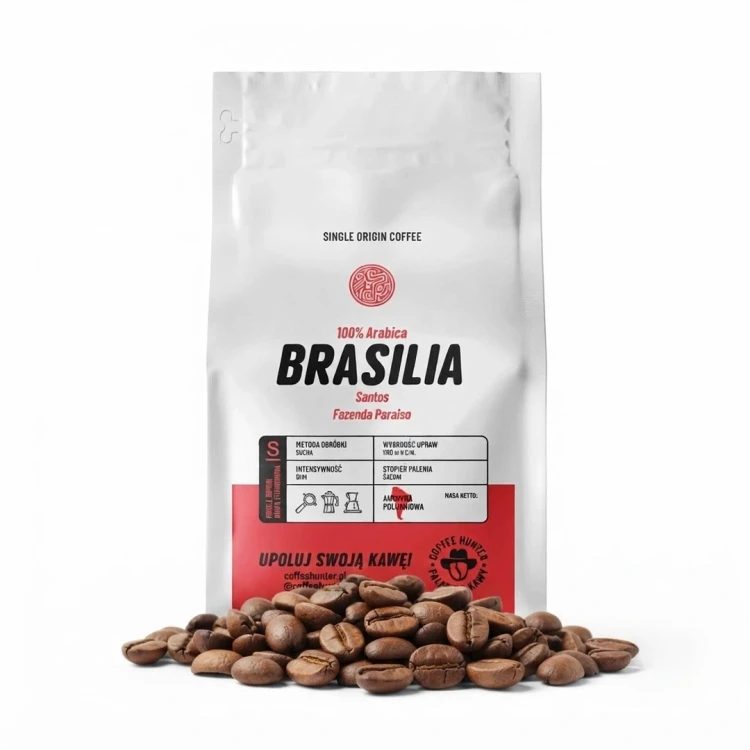 Kawa ziarnista BRASILIA SANTOS Coffe Hunter — opakowanie i zawartość produktu