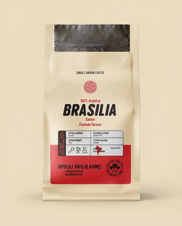 Kawa ziarnista BRASILIA SANTOS Coffe Hunter — opakowanie na tle w kolorze produktu