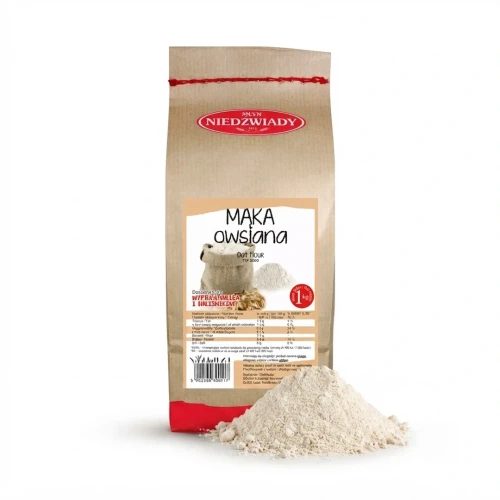Mąka owsiana 1kg Młyn Niedźwiady — opakowanie i zawartość produktu