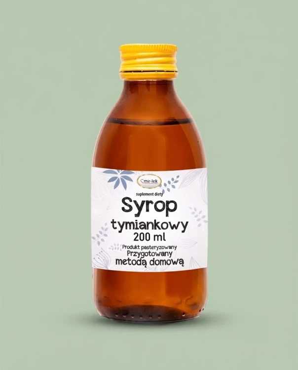 Syrop tymiankowy 200 ml Mir-Lek — opakowanie na tle w kolorze produktu