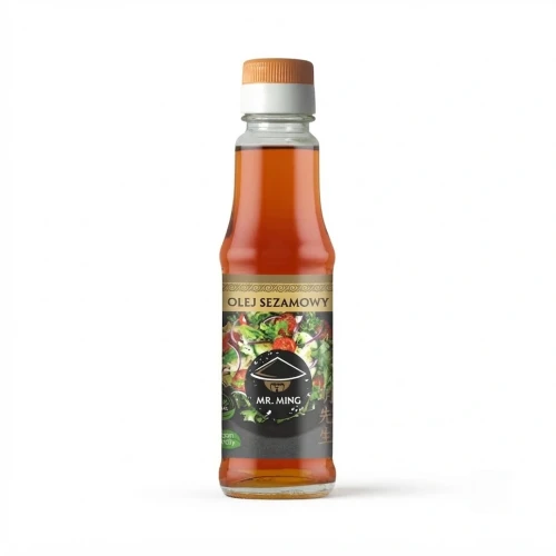Naturalny olej sezamowy 100 % 150 ml Mr. Ming — opakowanie, zdjęcie studyjne