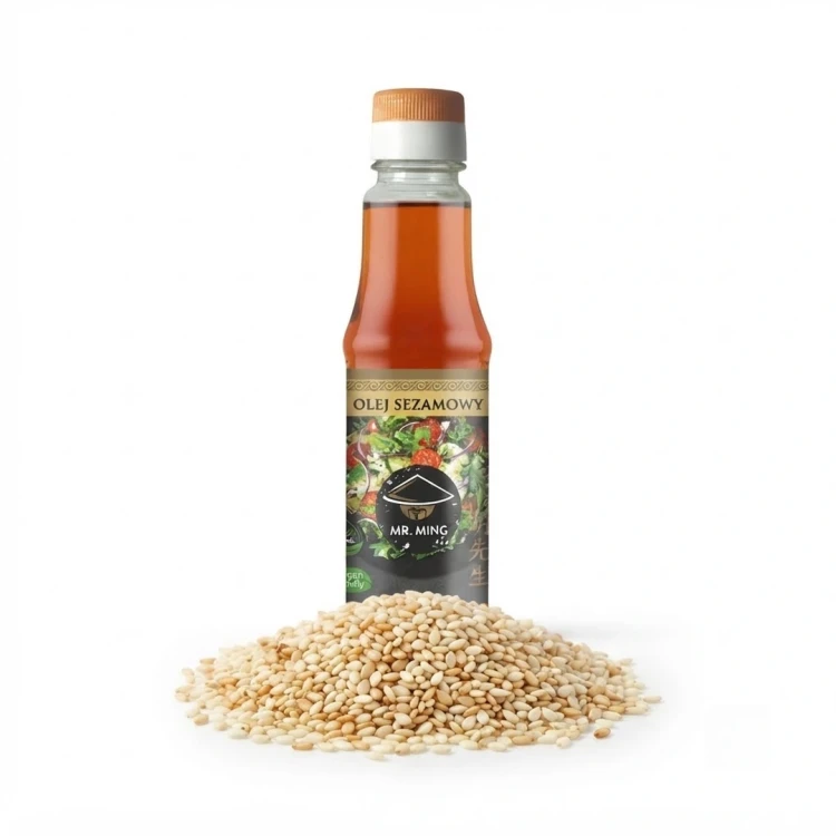 Naturalny olej sezamowy 100 % 150 ml Mr. Ming — opakowanie i zawartość produktu