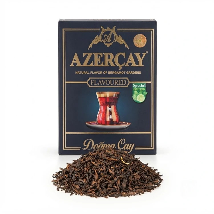 Herbata czarna sypana z aromatem bergamotki 225g  AZERCAY — opakowanie i zawartość produktu