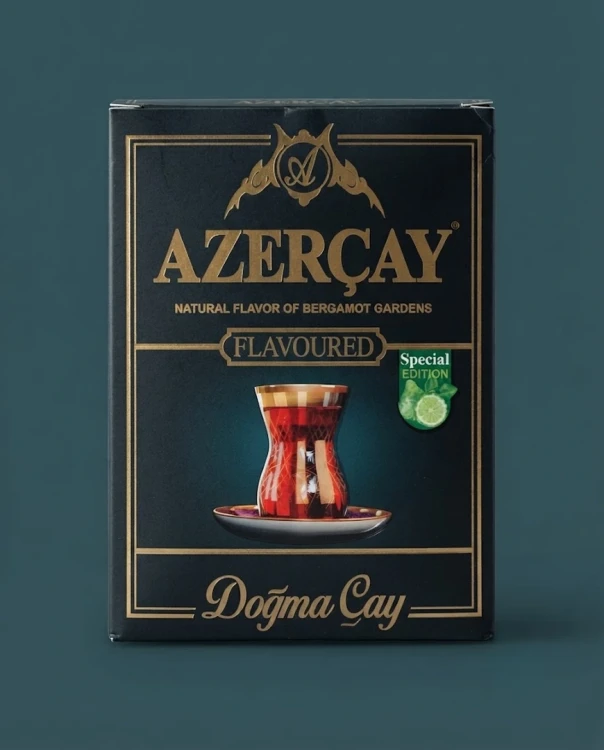 Herbata czarna sypana z aromatem bergamotki 225g  AZERCAY — opakowanie na tle w kolorze produktu