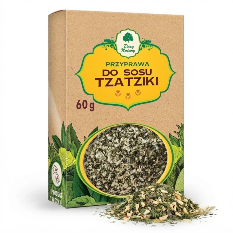 Przyprawa do sosu Tzatziki 60g Dary Natury — opakowanie i zawartość produktu