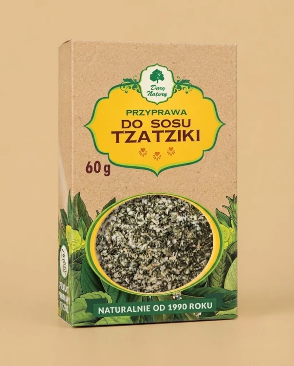 Przyprawa do sosu Tzatziki 60g Dary Natury — opakowanie na tle w kolorze produktu