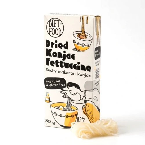 Suchy makaron Konjac fettuccine 80g Diet Food — opakowanie i zawartość produktu
