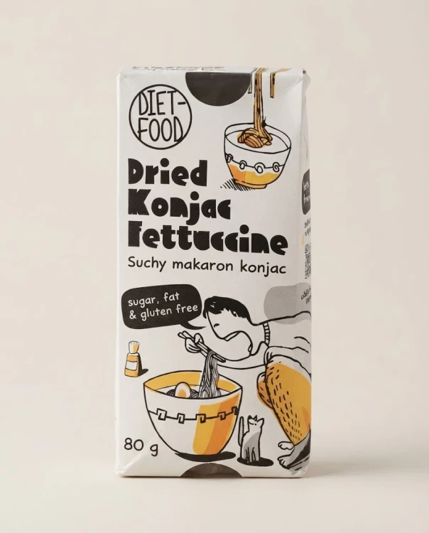 Suchy makaron Konjac fettuccine 80g Diet Food — opakowanie na tle w kolorze produktu