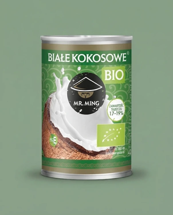 Mleczko mleko kokosowe 400 ml BIO Organic Mr. Ming — opakowanie na tle w kolorze produktu