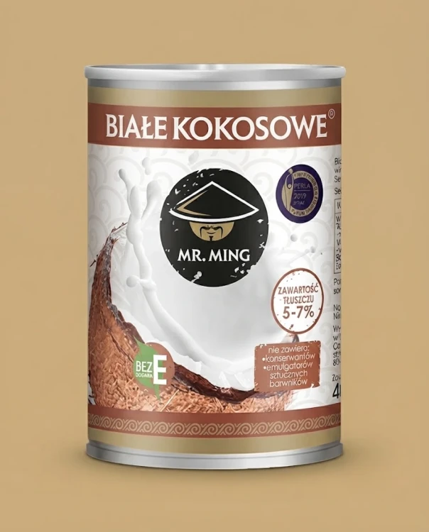 Mleczko mleko kokosowe 400 ml bez dodatku E 5-7% tłuszczu Mr. Ming — opakowanie na tle w kolorze produktu