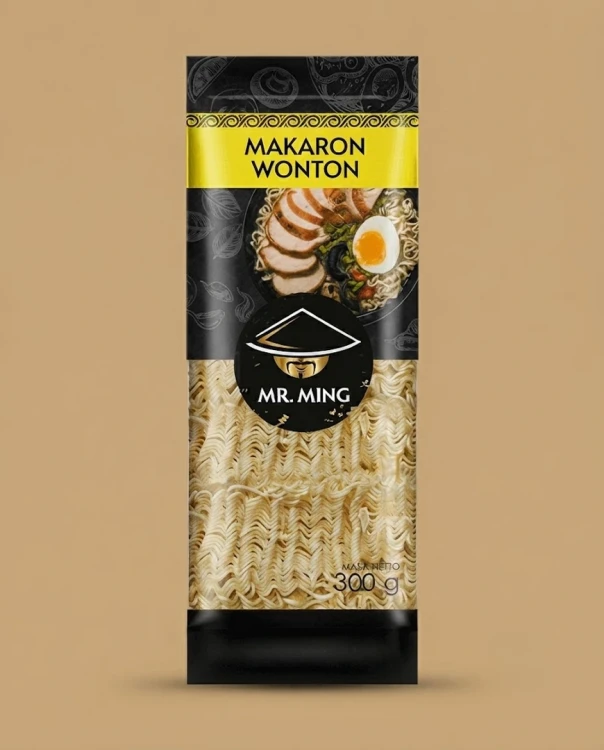 Makaron wonton 300g Mr.Ming — opakowanie na tle w kolorze produktu