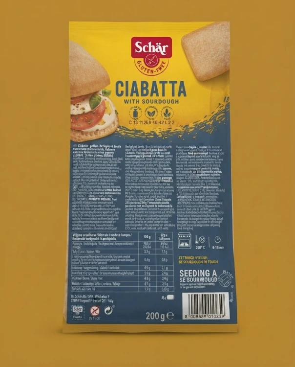 Ciabatta (4x50g) 200g Schar — opakowanie na tle w kolorze produktu