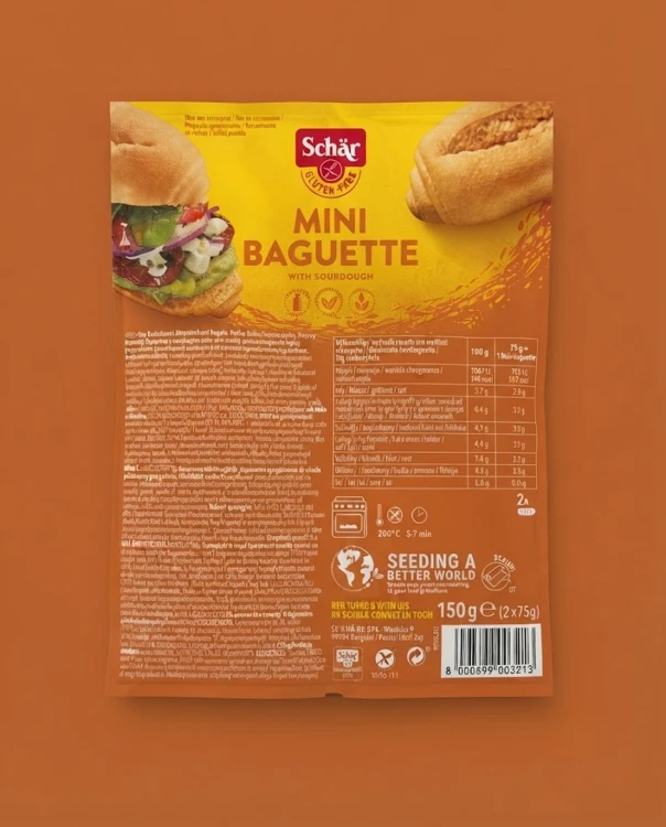 Mini Baguette, mini bagietki (2x75g) 150g Schar — opakowanie na tle w kolorze produktu