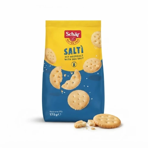 Saltì, słone krakersy z solą morską 175g Schar — opakowanie i zawartość produktu