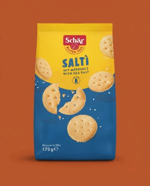 Saltì, słone krakersy z solą morską 175g Schar — opakowanie na tle w kolorze produktu