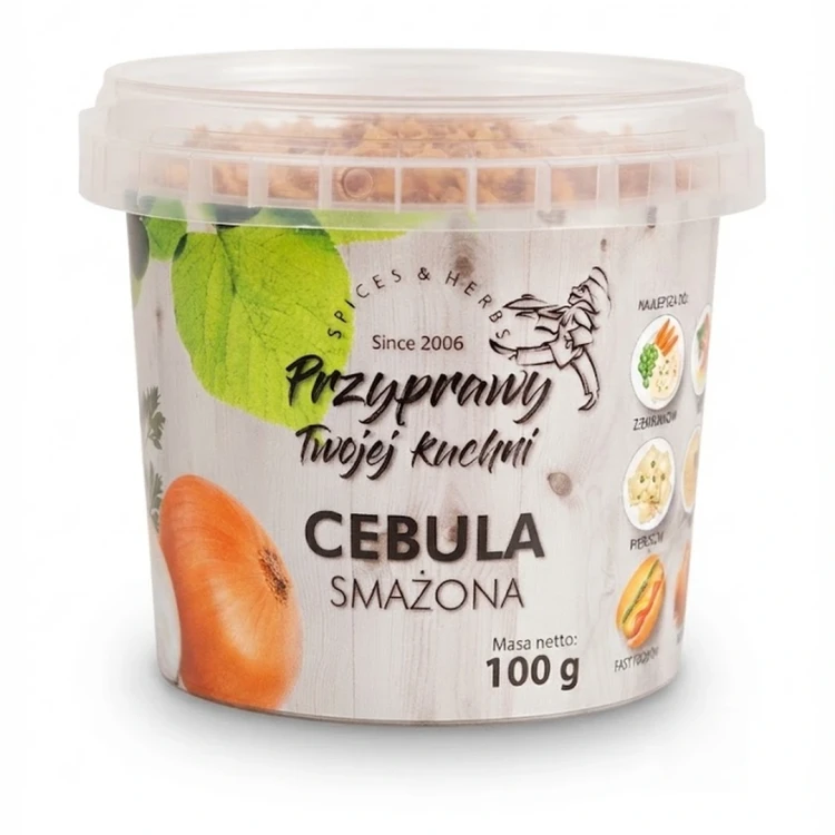Cebula smażona słoik 100g Orzeszek — opakowanie, zdjęcie studyjne