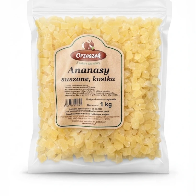 Ananas suszony kostka Orzeszek — opakowanie, zdjęcie studyjne