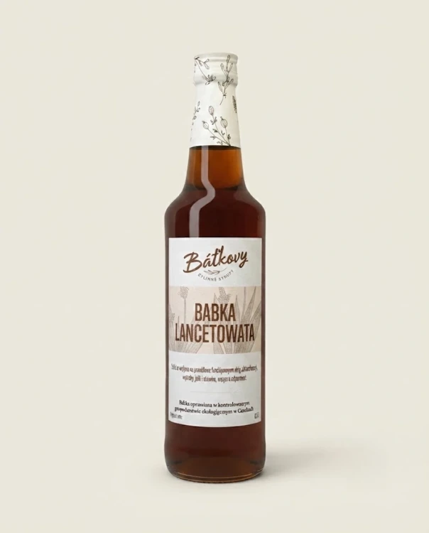 Syrop z babki lancetowatej 500 ml Batkovy — opakowanie na tle w kolorze produktu