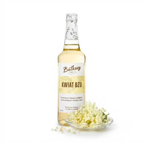 Syrop z kwiatów czarnego bzu 500 ml Batkovy — opakowanie i zawartość produktu