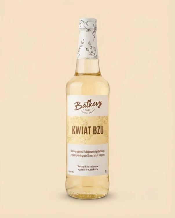 Syrop z kwiatów czarnego bzu 500 ml Batkovy — opakowanie na tle w kolorze produktu