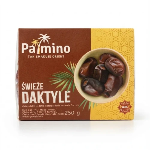 Świeże daktyle 250 g Palmino — opakowanie, zdjęcie studyjne