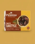 Świeże daktyle 250 g Palmino — opakowanie na tle w kolorze produktu