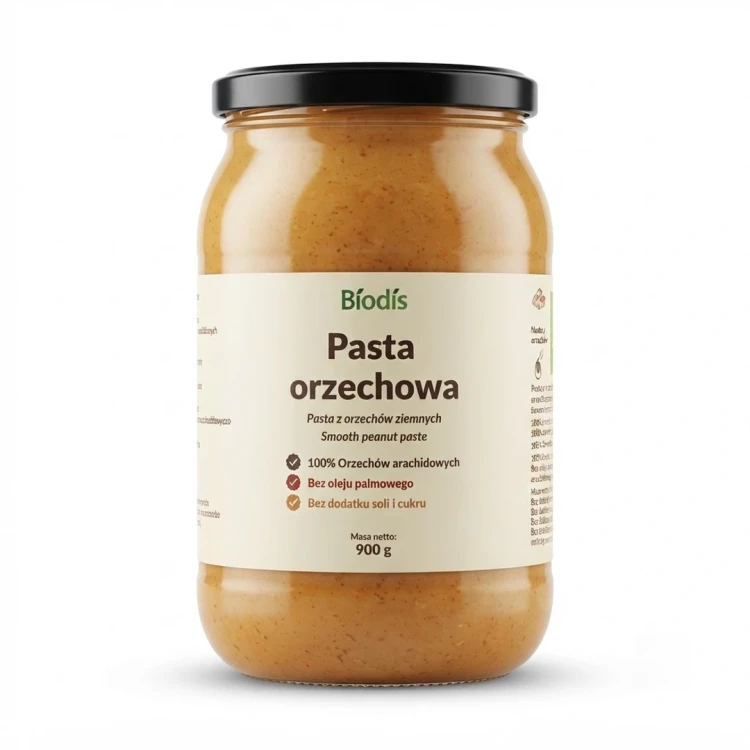 Pasta orzechowa 100% z prażonych orzeszków arachidowych 900 g Biodis — opakowanie, zdjęcie studyjne