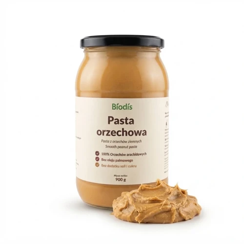 Pasta orzechowa 100% z prażonych orzeszków arachidowych 900 g Biodis — opakowanie i zawartość produktu