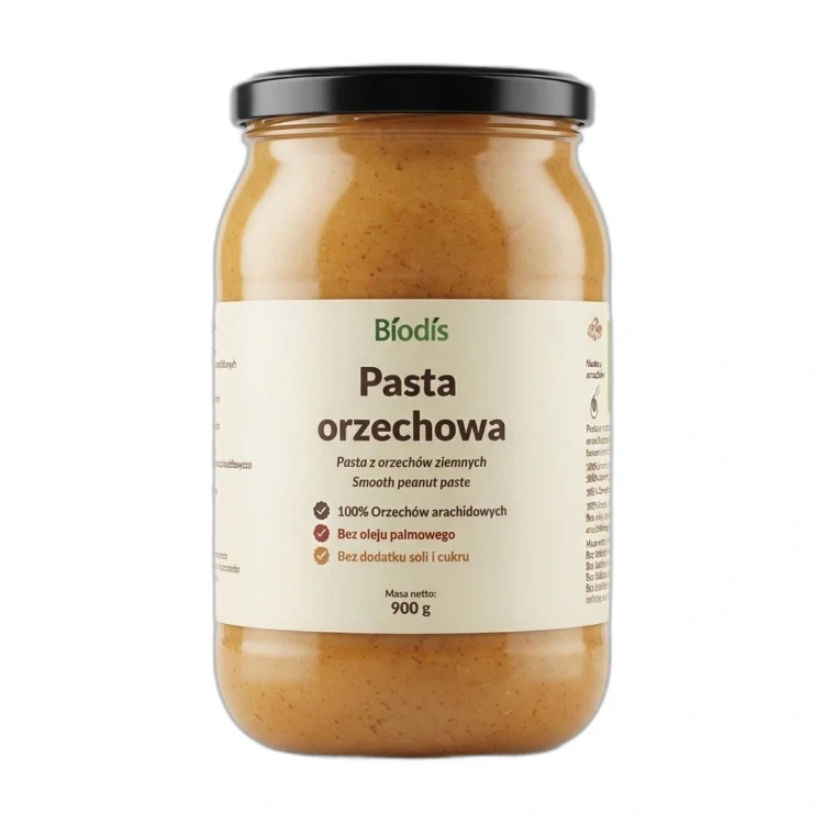 Pasta orzechowa 100% z prażonych orzeszków arachidowych 900 g Biodis — opakowanie na białym tle