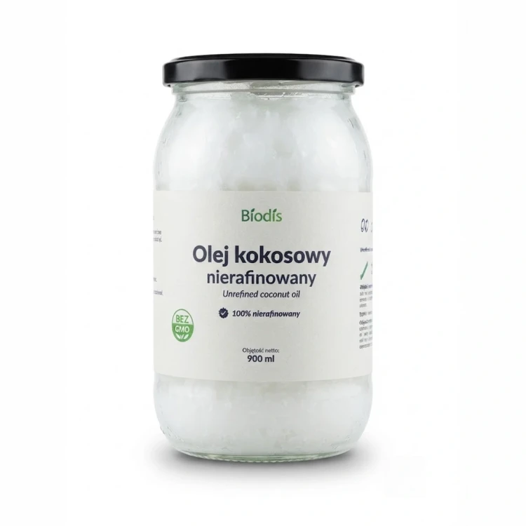 Olej kokosowy 900 ml Biodis — opakowanie, zdjęcie studyjne