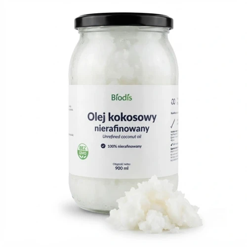 Olej kokosowy 900 ml Biodis — opakowanie i zawartość produktu