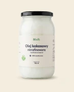 Olej kokosowy 900 ml Biodis — opakowanie na tle w kolorze produktu