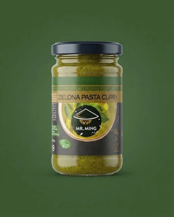 ZIELONA PASTA CURRY 115 g — opakowanie na tle w kolorze produktu