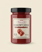 Dżem z polskich truskawek 310 g Prosto ze Wsi — opakowanie na tle w kolorze produktu