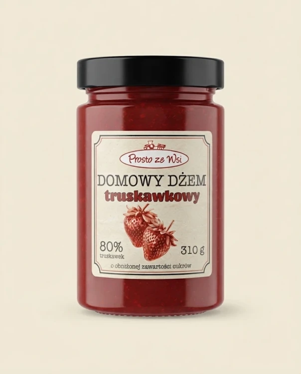 Dżem z polskich truskawek 310 g Prosto ze Wsi — opakowanie na tle w kolorze produktu