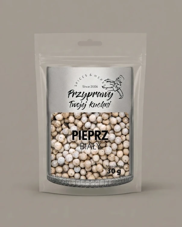 Pieprz biały 30g Przyprawy Twojej kuchni — opakowanie na tle w kolorze produktu