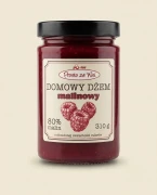 Dżem z polskich malin 310 g Prosto ze Wsi — opakowanie na tle w kolorze produktu