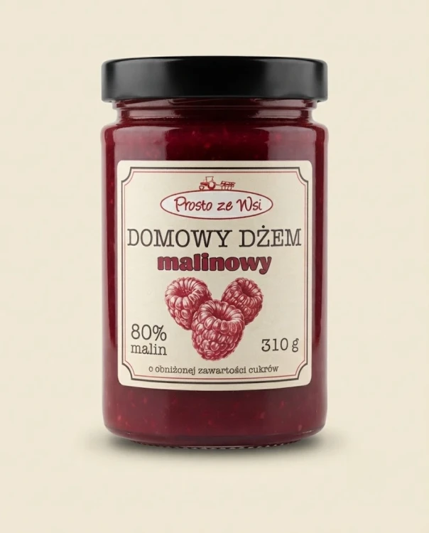 Dżem z polskich malin 310 g Prosto ze Wsi — opakowanie na tle w kolorze produktu