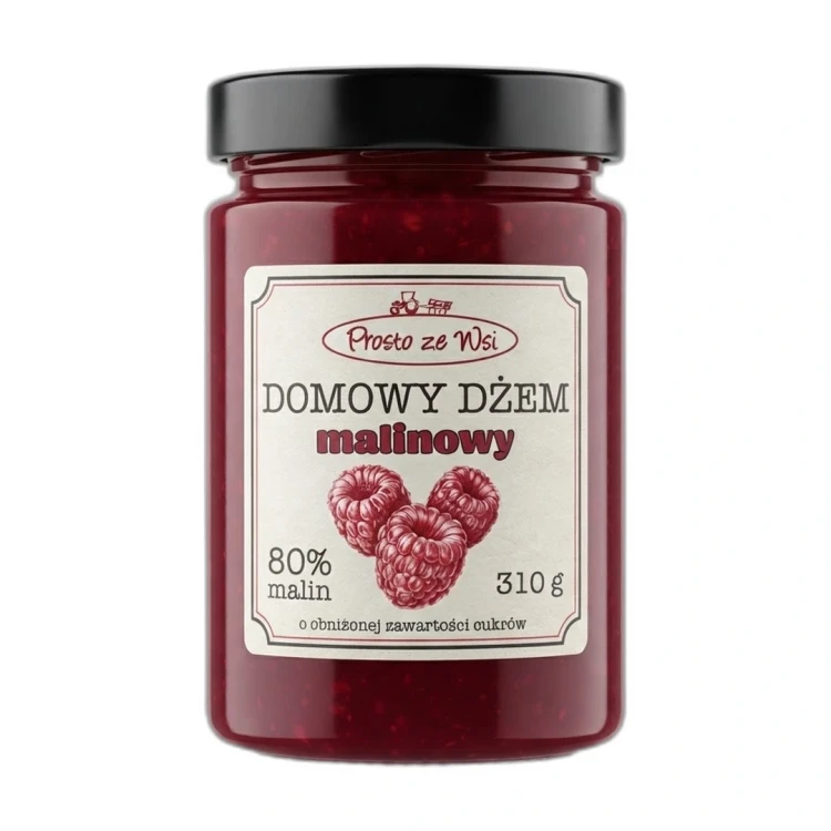Dżem z polskich malin 310 g Prosto ze Wsi — opakowanie na białym tle
