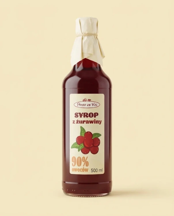 Syrop z żurawiny 500 ml Prosto ze Wsi — opakowanie na tle w kolorze produktu