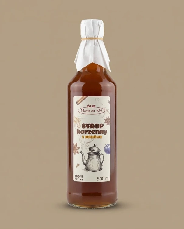 Syrop korzenny z miodem 500 ml Prosto ze Wsi — opakowanie na tle w kolorze produktu