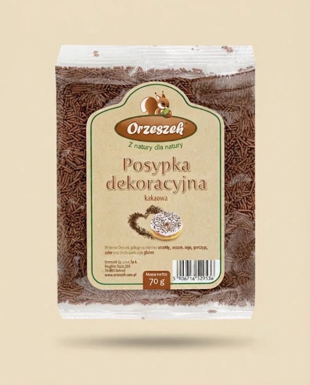 Posypka kakaowa Orzeszek — opakowanie na tle w kolorze produktu