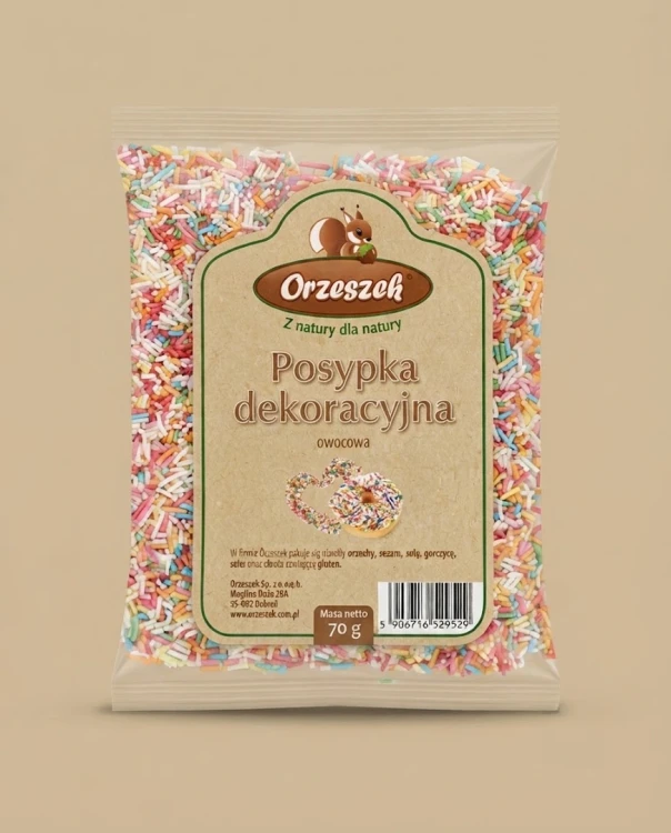 Posypka owocowa Orzeszek — opakowanie na tle w kolorze produktu