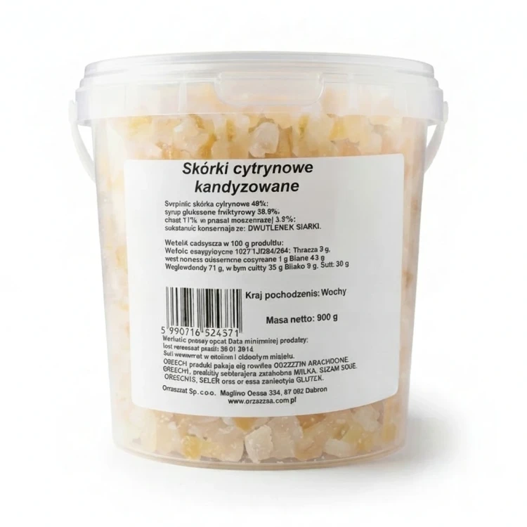 Skórki cytrynowe kandyzowane 900g Orzeszek — opakowanie, zdjęcie studyjne