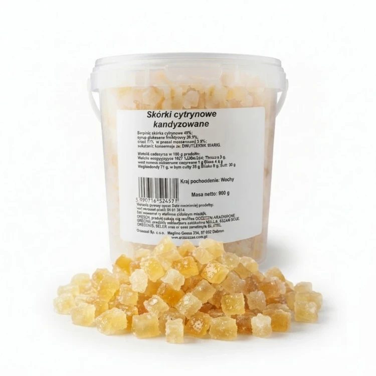 Skórki cytrynowe kandyzowane 900g Orzeszek — opakowanie i zawartość produktu