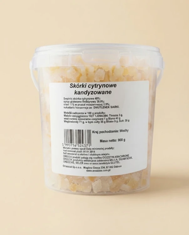 Skórki cytrynowe kandyzowane 900g Orzeszek — opakowanie na tle w kolorze produktu