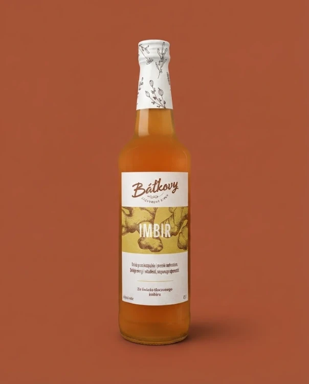 Syrop z imbiru 500 ml Batkovy — opakowanie na tle w kolorze produktu