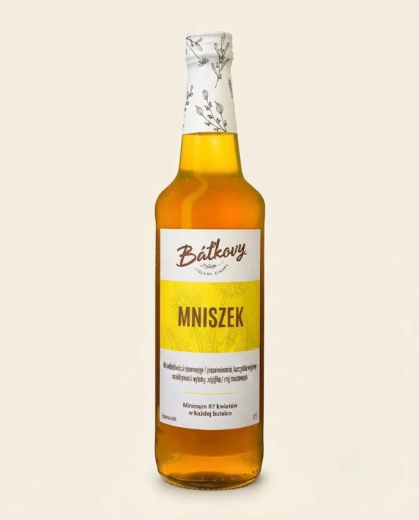 Syrop z mniszka lekarskiego 500 ml Batkovy — opakowanie na tle w kolorze produktu