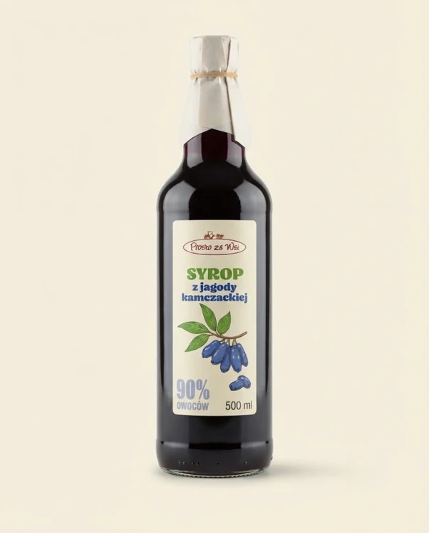 Syrop z jagody kamczackiej Fruit Factory — opakowanie na tle w kolorze produktu