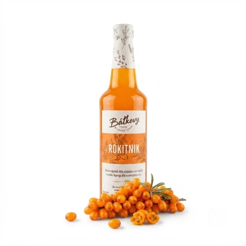 Syrop z rokitnika 500 ml Batkovy — opakowanie i zawartość produktu